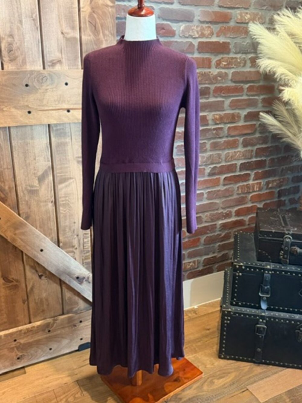 Simply Vera Vera Wang Plum Mixed Media Ribbed Long Sleeve Sweater Maxi Dress M